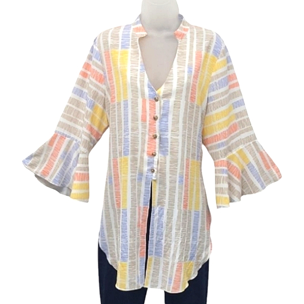 Michael Tyler Button Up Blouse Striped Bell Bottom Trumpet Sleeve V-Neck Collar